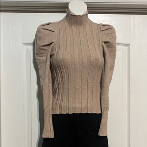 Ribbed Puff-Sleeve Mock Neck Sweater - Beige Size 6